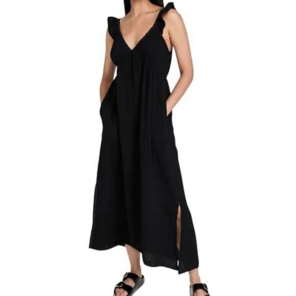 Magaschoni Organic Cotton Gauze Maxi Dress Flutter Sleeves Black Size Medium
